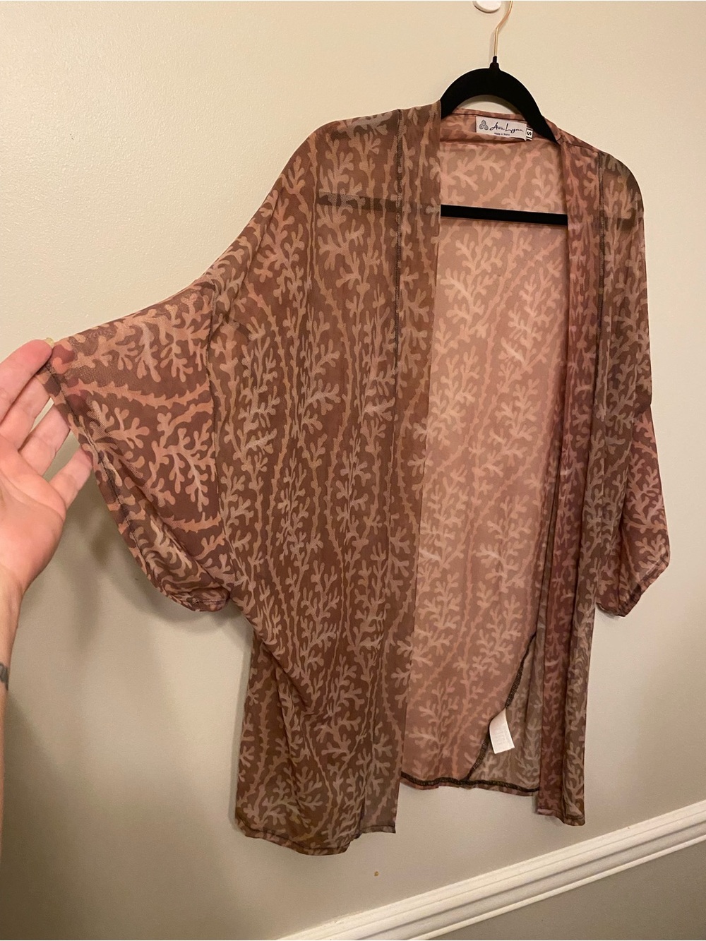 Sheer Patterned Kimono Cardigan - Brown